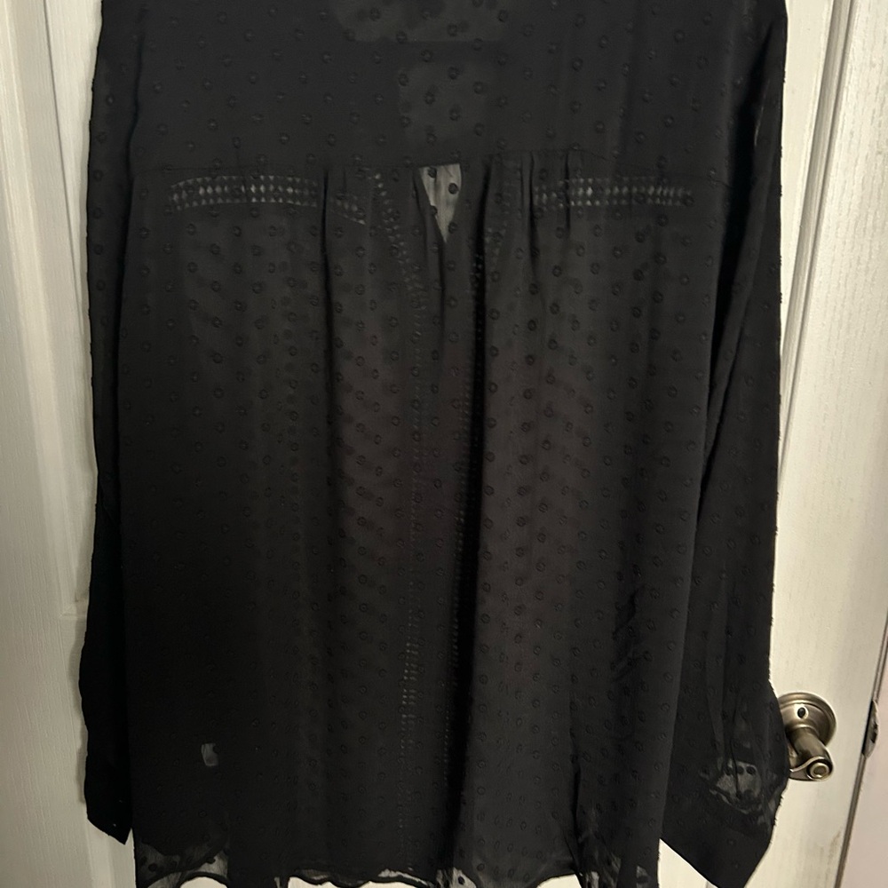 Torrid Black button front, long sleeve, black blouse, sheer/polkadot like, sz 4.